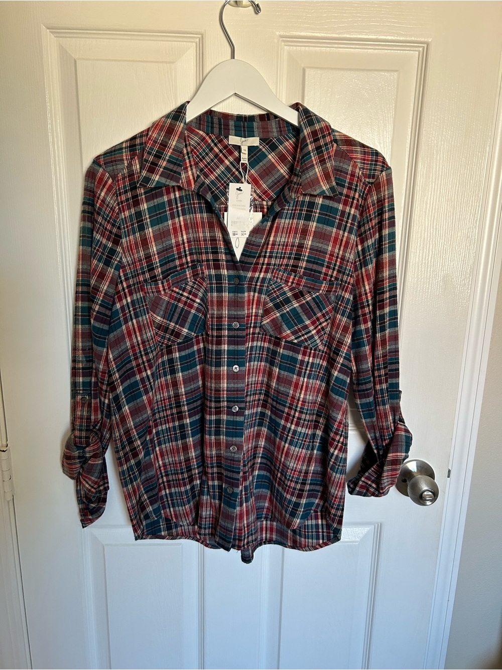 Joie Sumba Flannel Plaid Button-Down Shirt NWT Size M Deep Marine Red and Teal